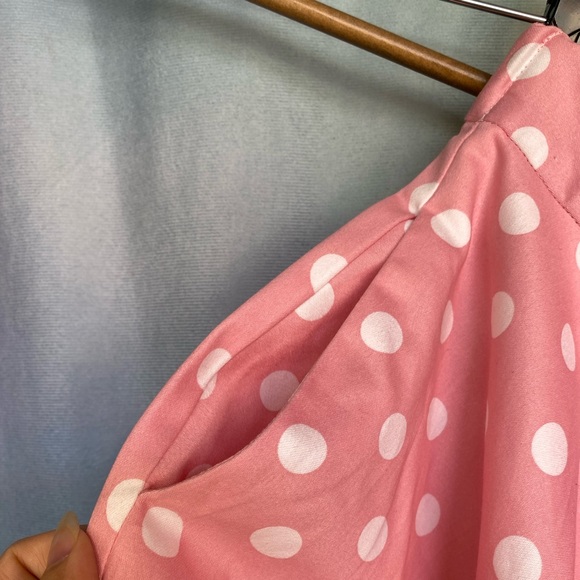 MAGGIE TANG Retro Pink Polka Dot 50s Cotton Circle MIDI Skirt w/ Zipper, Pockets - Picture 2 of 6